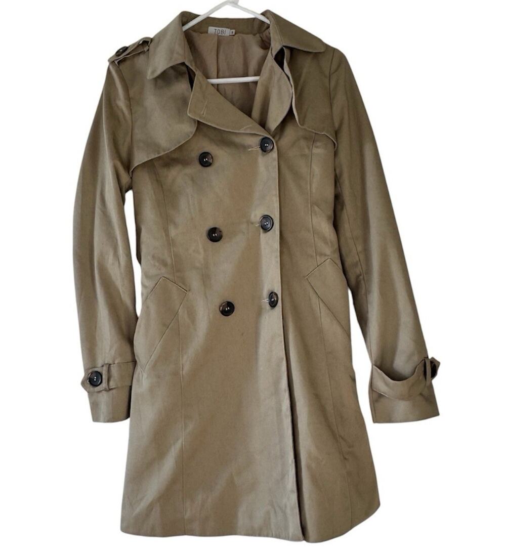 TOBI Womens Small Tan Double Breasted Belted Trench Coat Classic Khaki